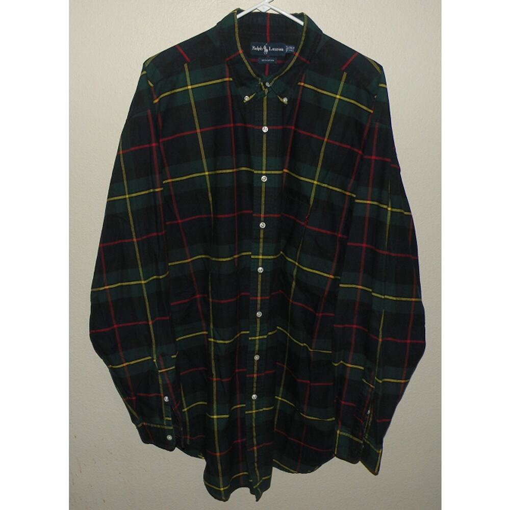 Ralph Lauren Mens 2XLT Tall LS Button Shirt Green Black Plaid 100% Cotton Oxford